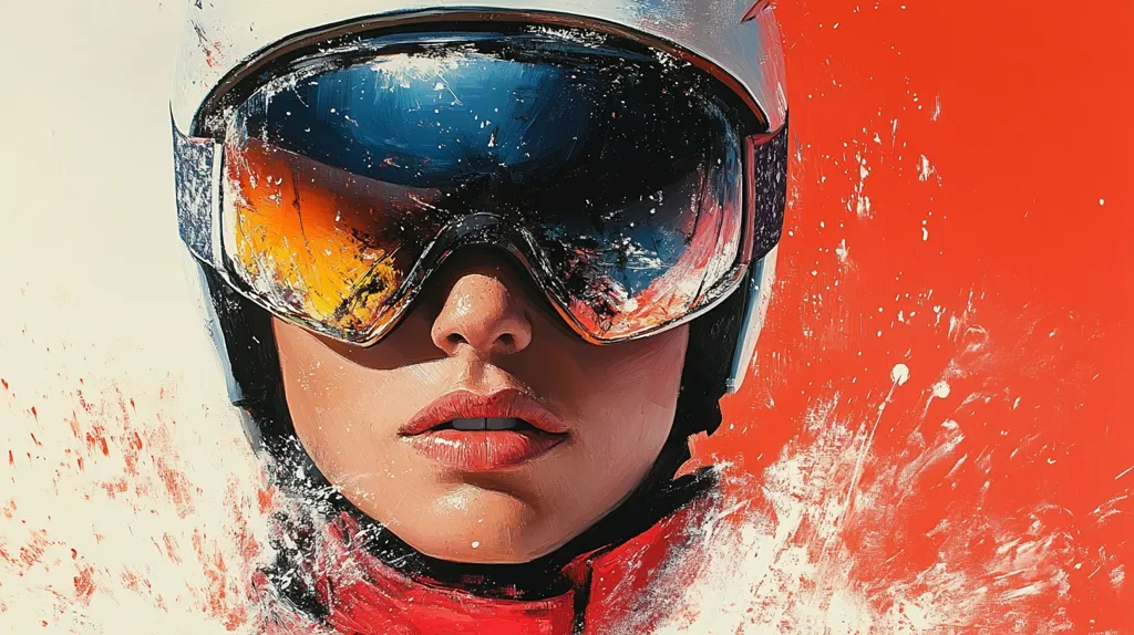 Here's a description of the image:

The painting is a close-up portrait of a woman's face, partially obscured by a white ski helmet and goggles. The goggles reflect a vibrant, blurred landscape of oranges and blues, suggesting a snowy mountain scene.  Her lips are full and slightly parted, and her skin appears moist, hinting at exertion.  The background is a dynamic splash of red and white paint, mimicking the movement and energy of snow or perhaps speed. The style is bold and impressionistic, with visible brushstrokes adding texture and a sense of motion. The overall effect is one of striking energy and a visually arresting portrayal of a winter sports enthusiast.