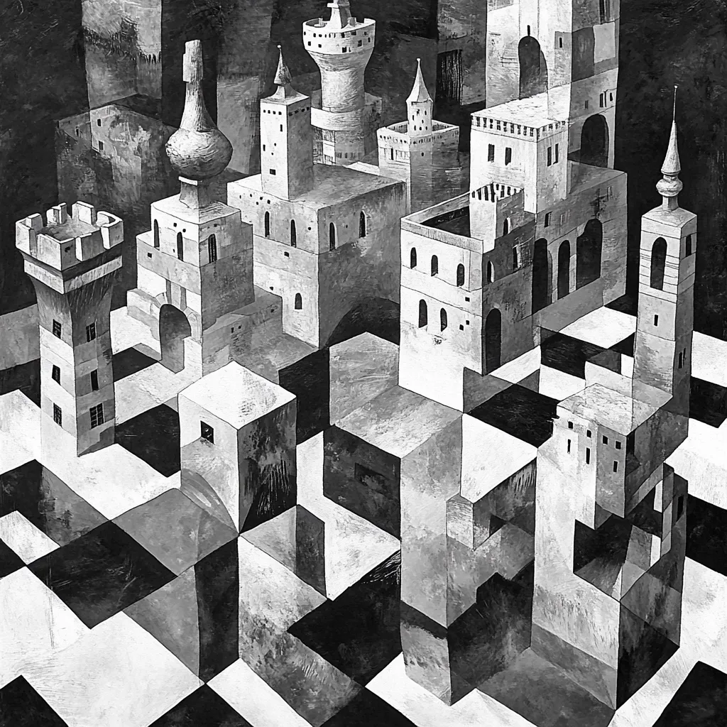 Here's a description of the image:

The monochromatic artwork depicts a surreal cityscape, rendered in shades of gray.  Cubist architecture dominates, with buildings of varying heights and shapes seemingly stacked and interwoven atop a large, distorted checkerboard floor.  Towers, some resembling castles, stand prominently amidst the structures, creating a dreamlike, impossible urban landscape. The brushstrokes are visible, adding texture and depth to the scene, suggesting a blend of realism and abstract expressionism.  The overall effect is one of intriguing spatial ambiguity and architectural fantasy.