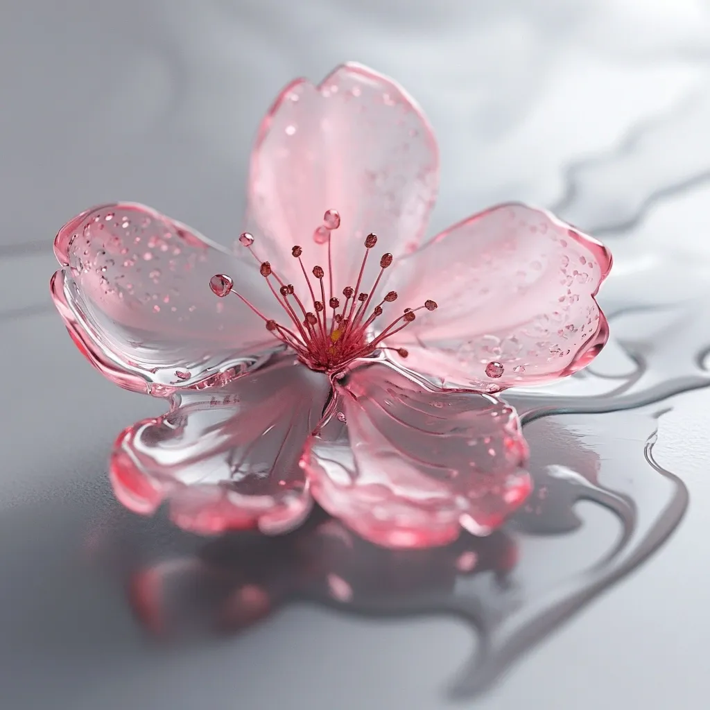 A delicate, translucent pink flower, resembling a cherry blossom, rests on a smooth, gray surface.  The flower appears to be made of glass or resin, with tiny air bubbles or droplets trapped within its petals.  It sits atop a reflective, liquid-like substance, its ripples subtly mirroring the flower's form. The overall impression is one of ethereal beauty and delicate fragility.