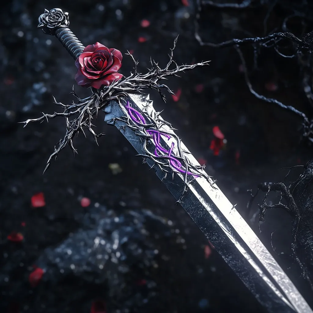 A digitally rendered image showcases a fantastical sword, its blade gleaming silver against a dark, moody backdrop.  The hilt is intricately designed, adorned with a crimson rose and thorny vines, intertwined with glowing purple energy.  Scattered rose petals and dark, gnarled branches suggest a fallen or enchanted setting. The overall aesthetic is gothic and darkly romantic.  The sword's detail and the dramatic lighting create a sense of mystery and power.