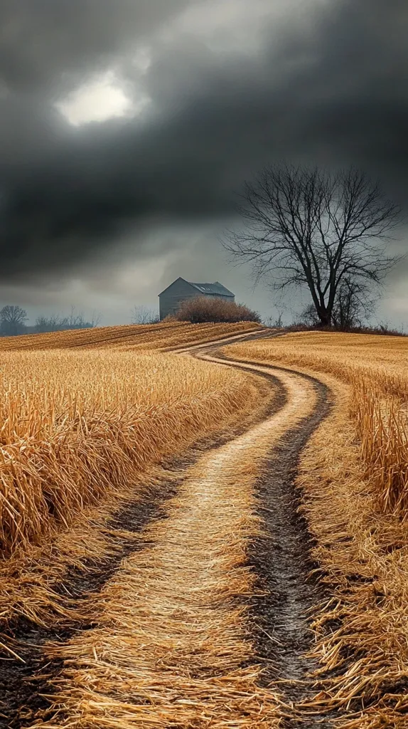 A winding dirt road cuts through a field of golden-brown stubble under a dramatic, dark sky.  A lone, weathered barn sits atop a small hill in the distance. A bare, leafless tree stands near the road, adding to the desolate yet peaceful atmosphere. The contrast between the muted earth tones and the brooding clouds creates a striking visual.  The scene evokes a sense of quiet solitude and the passage of time in rural landscape.