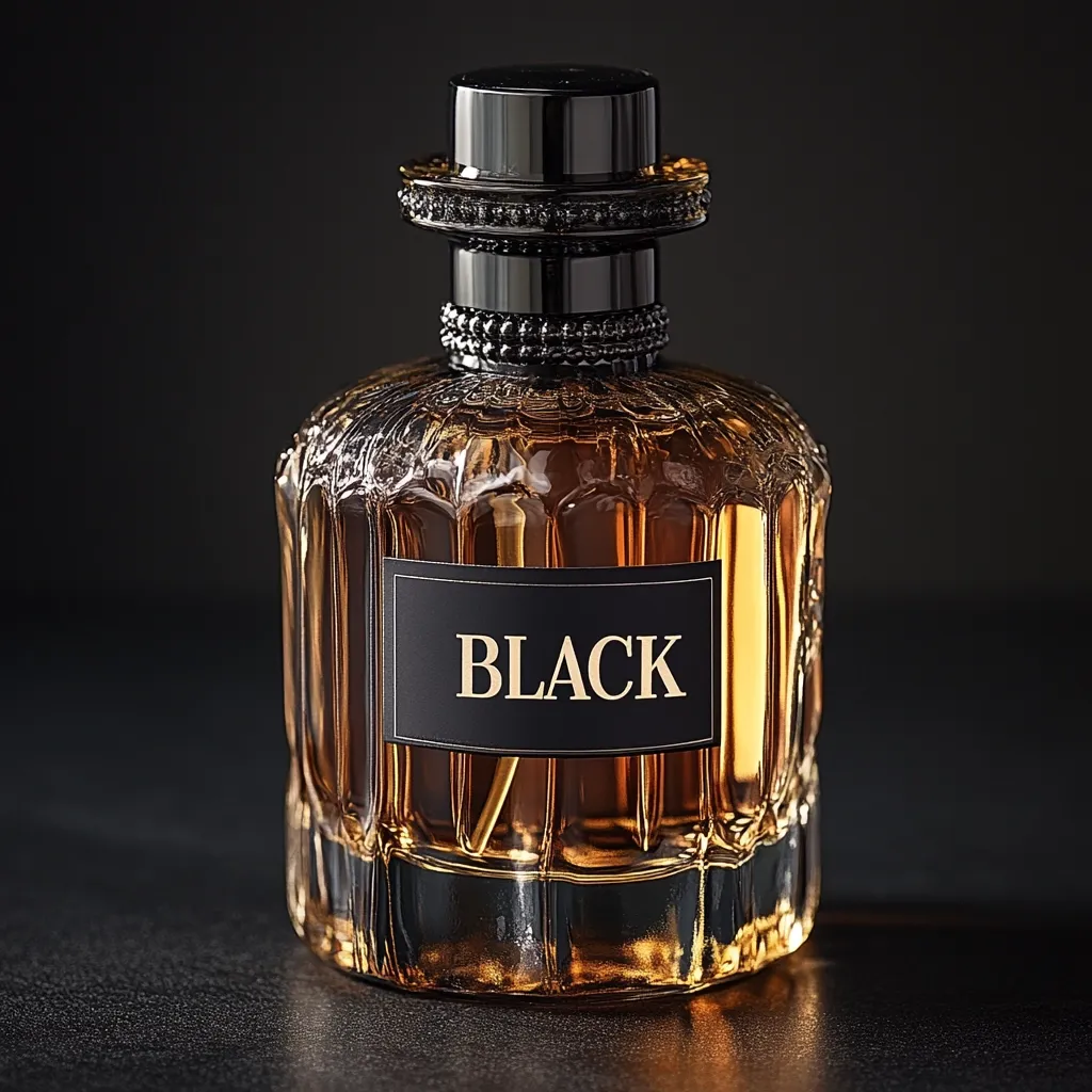 Here's a description of the image:

A luxurious amber-colored perfume bottle sits center frame against a dark background.  The bottle is ornate, featuring a faceted, almost fluted, glass body. Atop sits a black cap, detailed with a ring of dark embellishments. A simple, elegant black label with gold lettering reading "BLACK" is prominently displayed on the front. The overall impression is one of sophisticated opulence and high-end fragrance. The lighting highlights the bottle's shape and the depth of the perfume's color.