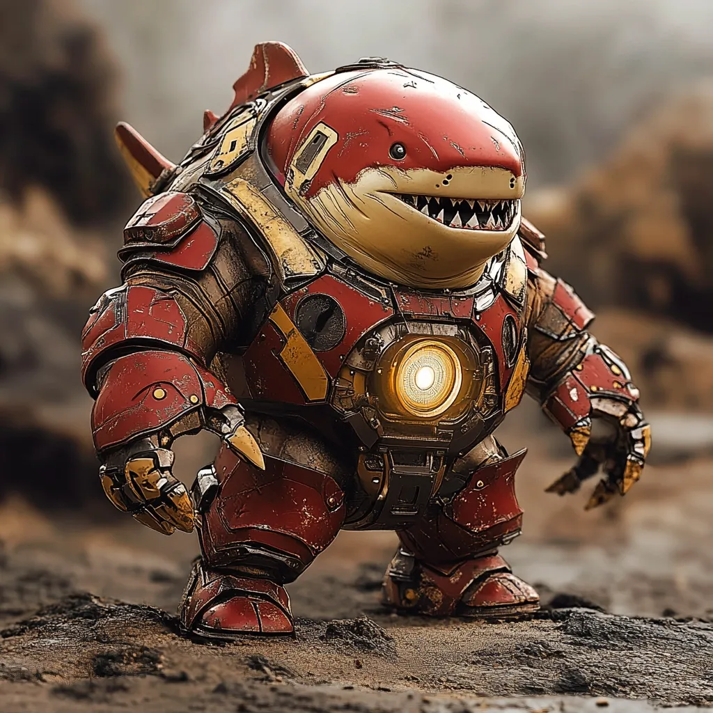 Here's a description of the image:

The image showcases a digitally rendered creature resembling a chubby shark encased in a rusty, red and gold Iron Man-style mech suit. The mech has visible mechanical details, including joints and panels, suggesting wear and battle damage.  The shark's head and part of its body protrude from the suit's top, with its friendly-looking grin contrasting the armored exterior. The creature stands on a rough, sandy ground, adding to the post-apocalyptic or futuristic vibe of the scene. The overall style is a blend of cute and rugged, with a focus on detailed textures and lighting.