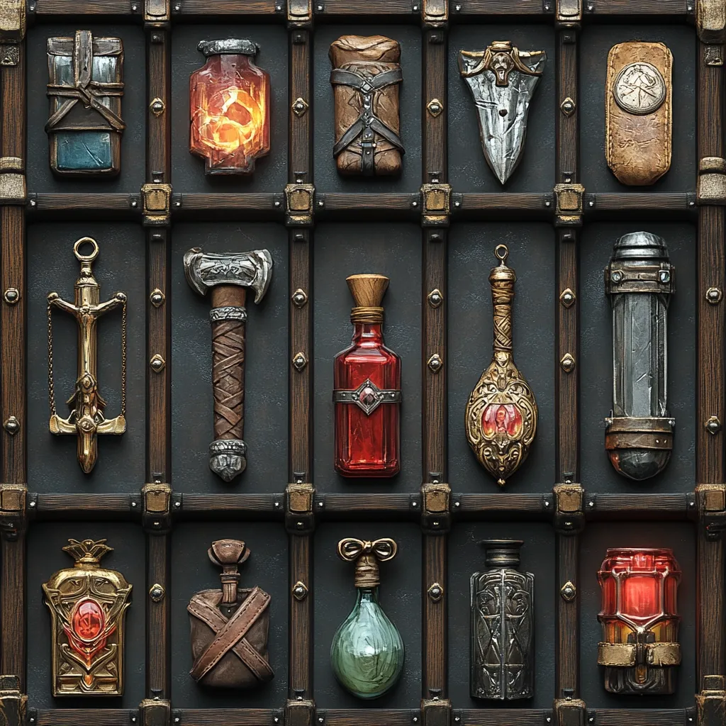 Here's a description of the image:

A dark, wooden gridded display case showcases a collection of fantastical items, possibly from a role-playing game.  Each compartment holds a unique object:  potions in glass and metal vials, scrolls, a battle axe, a dagger, and other curiously ornate objects.  The style is medieval or fantasy-inspired, with rich textures and metallic accents. The overall effect is one of arcane mystery and treasure.