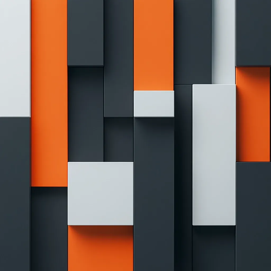 The image shows an abstract geometric pattern composed of rectangular blocks in shades of dark gray, off-white, and burnt orange.  The blocks are arranged in an overlapping, asymmetrical design, creating a visually interesting and modern texture.  The contrast between the colors and the varied sizes of the rectangles adds depth and dynamism to the composition.  The overall effect is clean, contemporary, and subtly vibrant.