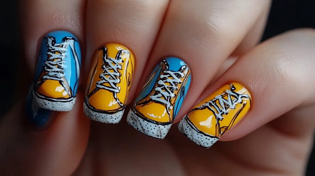 Here's a description of the image:

Close-up view of a hand showcasing meticulously painted fingernails. Each nail features a miniature design of a yellow sneaker with white laces, set against a blue background on some nails and directly on the yellow nail polish on others.  The artwork is detailed, with visible stitching and texture implied on the sneakers. The nails are neatly manicured, and the skin appears smooth and healthy. The overall aesthetic is vibrant and playful, suggesting a fun and expressive nail art style.