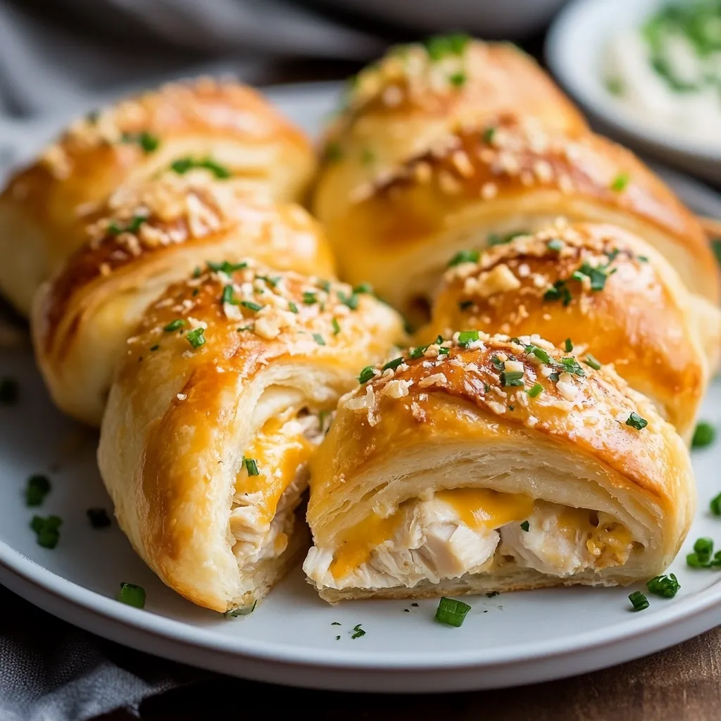 A close-up shot reveals several golden-brown crescent rolls, meticulously arranged on a light gray plate.  The rolls are filled with a creamy, cheesy chicken mixture, visible in the partially opened crescent.  Sprinkled with chives and parmesan cheese, they appear warm and inviting.  The background subtly hints at additional rolls and a creamy dip, adding to the overall impression of a delicious and comforting meal.