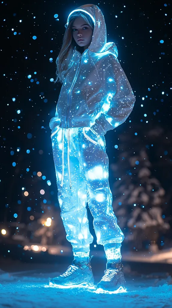 A young woman stands in the snow, illuminated by a glowing, light-blue tracksuit.  The suit, a hooded zip-up jacket and matching pants, seems to emit its own light, creating a striking contrast against the dark, snowy night.  The background features blurred lights and falling snow, adding to the ethereal, almost futuristic ambiance.  The model's blonde hair is visible beneath the hood, and she wears light-colored boots that match the luminous quality of her outfit. The overall impression is one of magical winter style.