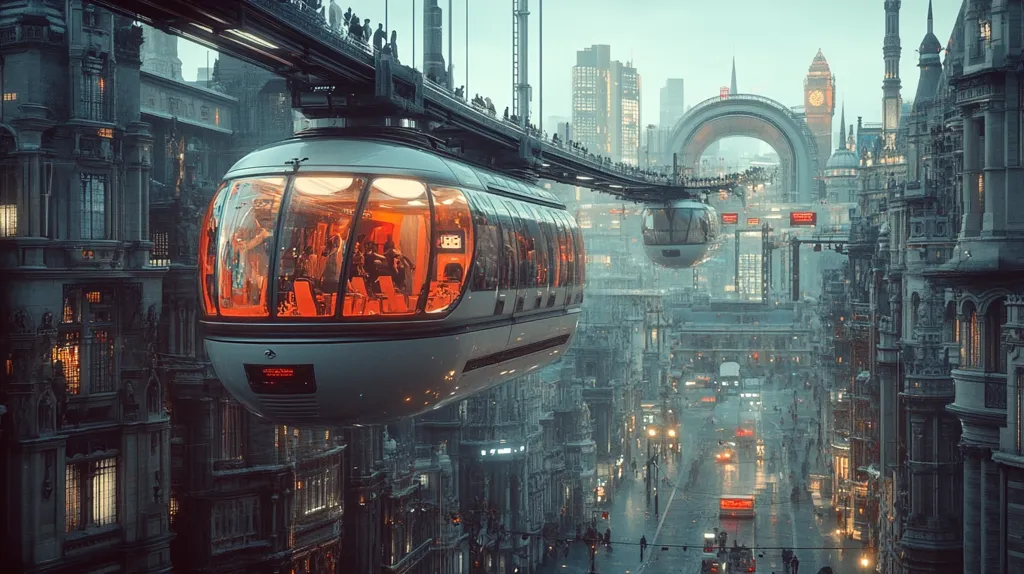 Here is a description of the image:

The image depicts a futuristic cityscape, possibly London, blending Victorian architecture with advanced technology.  A sleek, elevated monorail system carrying passengers in transparent pods traverses the scene.  Below, a rain-slicked street shows self-driving cars and pedestrians navigating the city. The architecture is a blend of gothic and steampunk elements, with tall buildings and ornate detailing, suggesting a rich history. The overall mood is atmospheric and somewhat melancholic, with muted colors and a soft light creating a sense of depth and mystery. The Big Ben clock tower is subtly visible in the background, adding to the potential London setting.