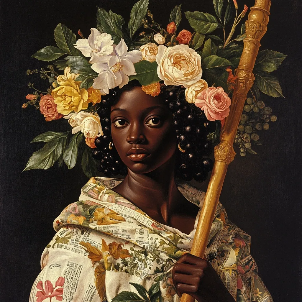 A striking portrait of a young Black woman, crowned with a vibrant wreath of roses, lilies, and other blossoms.  Her dark skin contrasts beautifully with the delicate flowers. She holds a golden staff, adorned with carvings, and wears a flowing garment patterned with a newspaper print, a juxtaposition of elegance and everyday life.  The dark background accentuates the rich colors of the flowers and her skin, creating a powerful and arresting image.