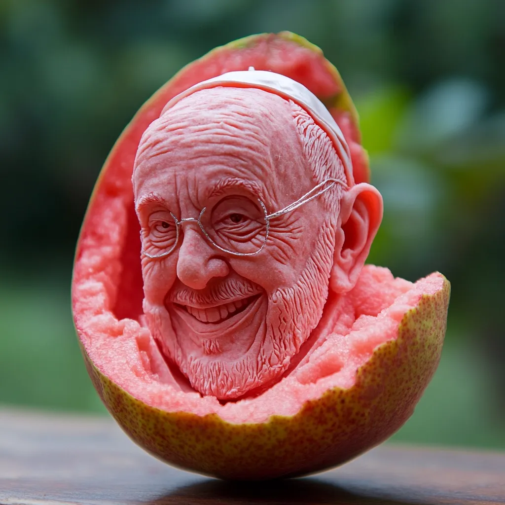 A meticulously carved fruit sculpture depicts a smiling, elderly man wearing glasses and a small white cap.  The likeness is remarkably detailed, with visible wrinkles and facial hair intricately rendered in the pink flesh of what appears to be a guava or similar fruit. The fruit is hollowed out, showcasing the man's head nestled within the carved shell. The background is blurred, focusing attention on the intricate artistry of the food carving.