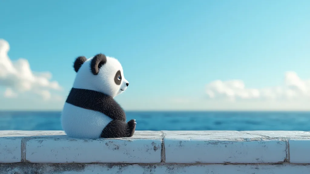 A cute, fluffy, cartoon panda sits on a white wall overlooking a calm ocean.  The panda is facing right, gazing out at the tranquil blue water under a pale blue sky dotted with fluffy white clouds. The scene is peaceful and evokes feelings of serenity and contemplation. The panda's soft fur and the gentle ocean create a calming image.