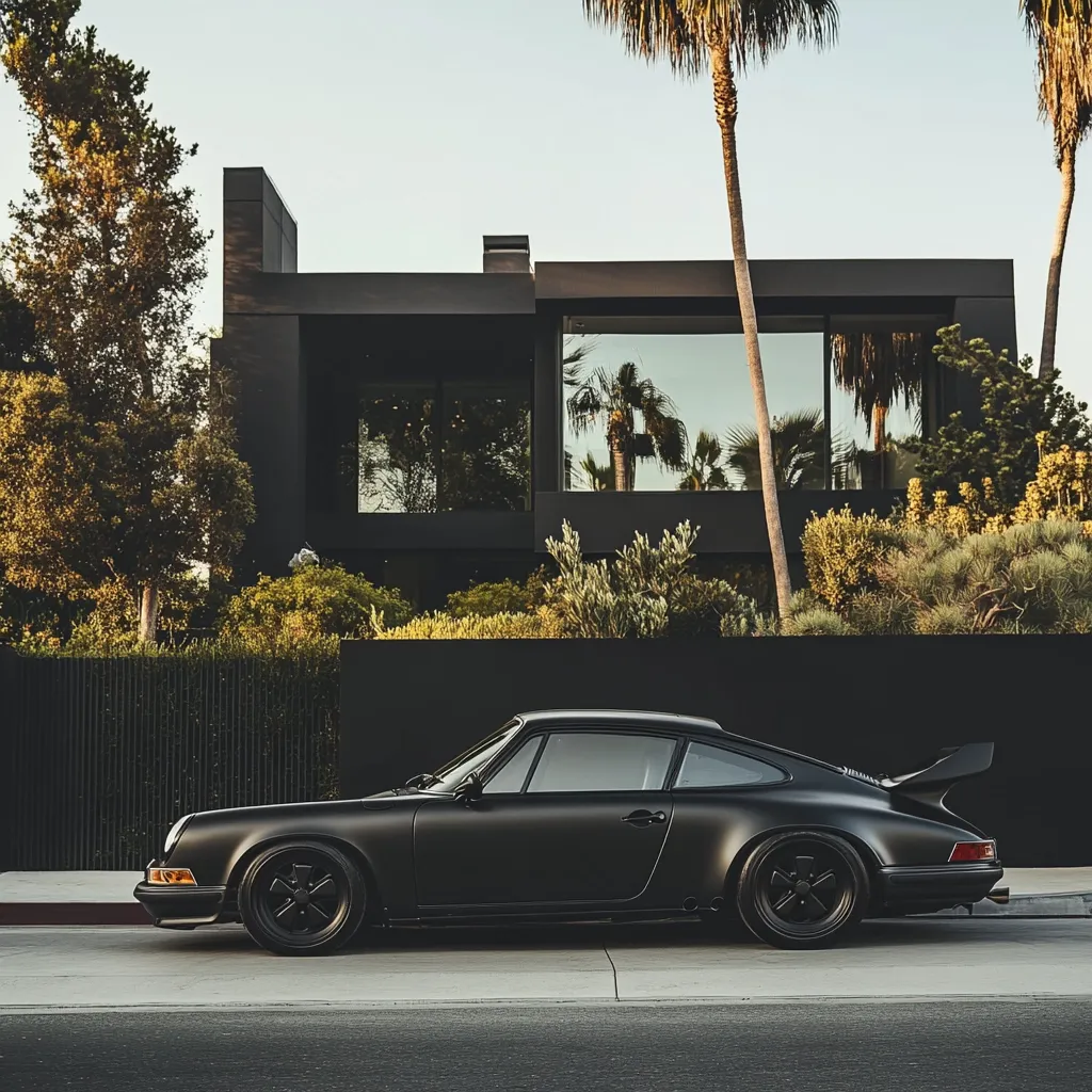 Here's a description of the image:

A matte black Porsche 911 Carrera sits on a quiet residential street, parked in front of a sleek, modern black house. The house features large windows reflecting palm trees and a bright sky, suggesting a sunny, upscale location.  Lush greenery borders the property, creating a contrast between the manicured landscaping and the dark architecture. The overall aesthetic is one of understated luxury and sophisticated minimalism. The car and house share a similar color scheme, creating a cohesive and visually striking scene.
