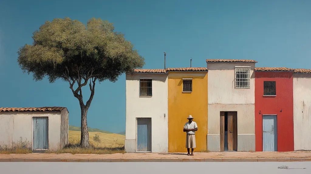 Here's a description of the image:

The painting depicts a sun-drenched scene of simple houses under a clear blue sky. A row of colorful houses—white, yellow, and red—stand along a street, each with a simple door. A man in light clothing and a hat stands quietly in front of the yellow house.  A large, leafy tree casts a shadow near a small, white outbuilding to the left.  The overall style is realistic, with a focus on the muted colors and peaceful atmosphere of the setting. The scene evokes a sense of stillness and rural simplicity.
