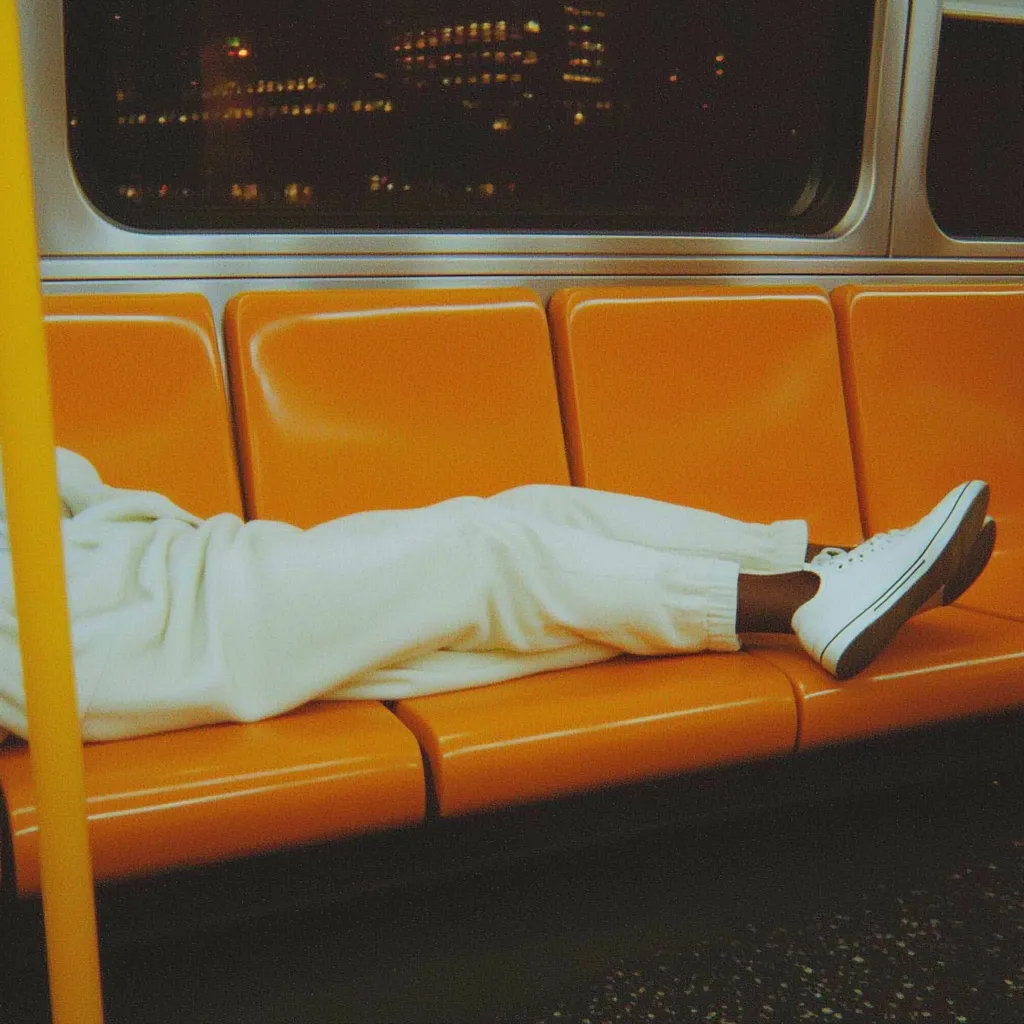 Here's a description of the image:

A person is lying across three orange seats on a public transit vehicle, likely a subway car.  Their legs are stretched out, clad in white sweatpants and white canvas sneakers.  Only their legs and a portion of their light-colored, possibly cream or off-white, garment are visible. The nighttime city lights are blurred and visible through the large window behind them.  The overall mood is calm and peaceful, suggesting a moment of rest or sleep during a journey. The orange seats and the warm tone of the image create a feeling of comfort and nostalgia.