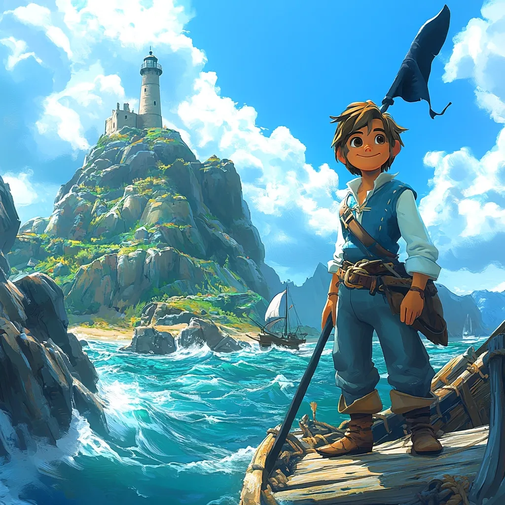 A stylized illustration depicts a young boy, clad in blue and brown adventurous attire, standing on a small wooden boat. He holds a long pole with a dark flag attached.  In the background, a rocky island with a lighthouse stands prominently against a vibrant blue sky with fluffy white clouds.  A small sailing ship is visible in the choppy turquoise waters between the boat and the island, creating a scene of youthful exploration and adventure. The art style is vibrant and painterly, with a focus on bright colors and distinct lines.