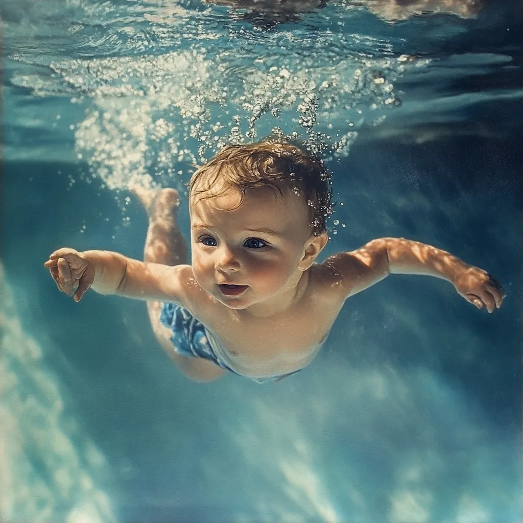 Here is a description of the image:

The image is an underwater shot of a baby, seemingly a few months old, effortlessly swimming in a pool.  The baby's expression is serene and curious. Sunlight filters through the water, creating a dreamy, ethereal effect with shimmering light and gentle bubbles surrounding the baby.  The baby is wearing a small pair of blue swim trunks. The overall mood is peaceful and evokes a sense of wonder and innocence. The color palette is dominated by varying shades of blues and greens, with warm tones highlighting the baby’s skin.