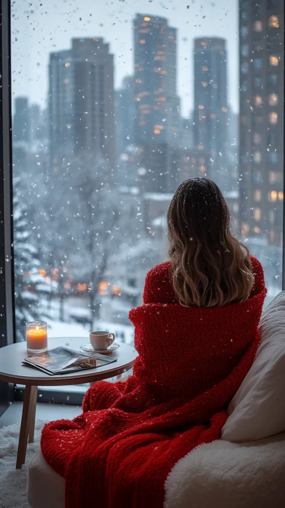 A woman sits enveloped in a cozy red throw blanket, gazing out a large window at a snowy cityscape.  Snowflakes gently fall outside, blanketing the city in a soft white.  A lit candle and a warm beverage sit on a small side table beside her, adding to the scene's peaceful and contemplative atmosphere. The overall mood is one of quiet winter comfort and urban serenity.