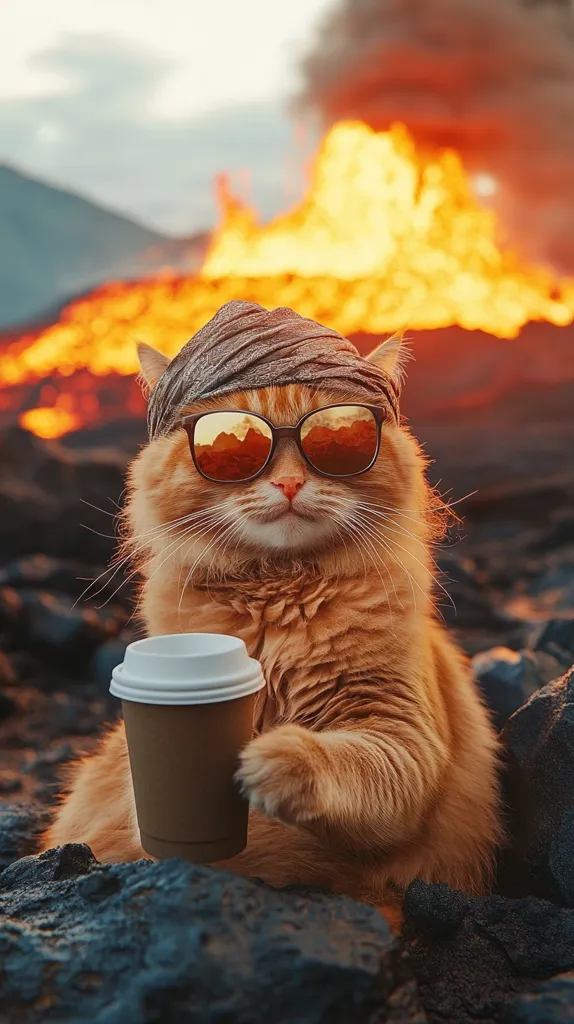 A fluffy ginger cat, wearing sunglasses and a bandana, sits amidst dark volcanic rocks.  A fiery orange volcanic eruption forms a dramatic backdrop.  The cat nonchalantly holds a takeaway coffee cup, creating a humorous juxtaposition of a relaxed feline against a powerful natural scene. The image is sharply focused, with vibrant colors highlighting the cat and the fiery landscape.