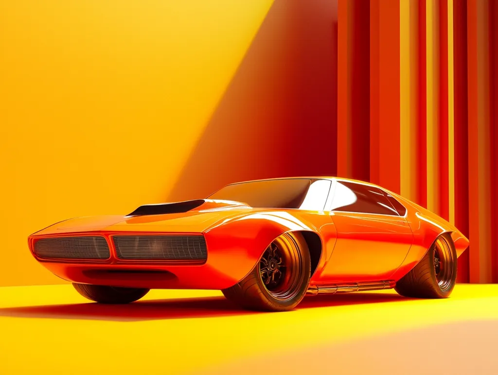 A vibrant orange, classic-style muscle car is showcased against a backdrop of similarly hued, vertically striped walls. The car, sharply angled to the left, highlights its sleek design and powerful stance. The lighting emphasizes the car's curves and glossy paint, creating a sense of dynamism and retro-futuristic appeal. The overall aesthetic is one of bold color and smooth lines, suggesting a vintage design with modern touches.