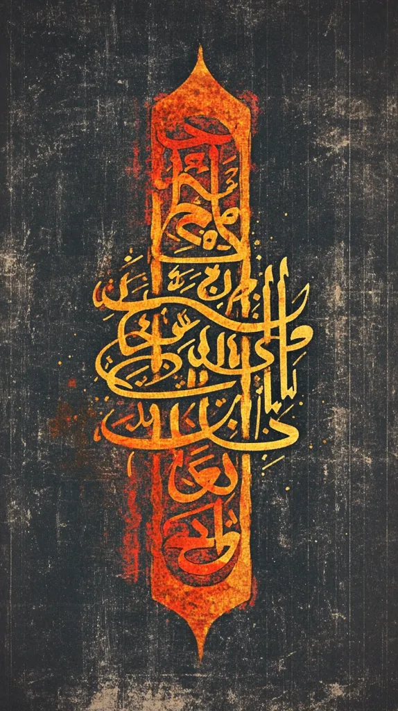 The image presents a striking piece of Islamic calligraphy.  Intricate Arabic script, rendered in fiery orange and gold hues, is vertically arranged within a stylized, pointed arch shape.  The calligraphy is set against a dark, textured background that resembles aged stone or parchment, creating a sense of antiquity and depth. The overall effect is one of both beauty and spiritual significance.