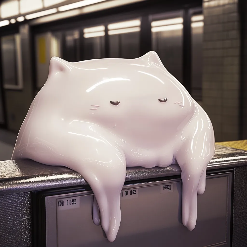 A seemingly melting, white cat-like creature rests on a dark grey surface, possibly a bench in a subway station. Its smooth, glossy texture suggests a liquid or malleable material. The creature has simple, closed eyes and subtle whiskers, giving it a peaceful and slightly surreal appearance. The blurry background hints at the bustling atmosphere of a transit hub. The contrast between the smooth, soft creature and the hard, metallic surface creates a striking visual effect.  The overall impression is one of quiet contemplation in a busy environment.