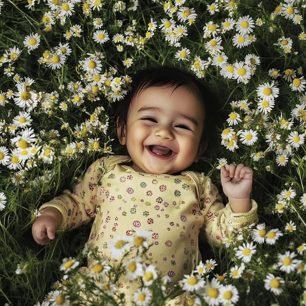 A baby, lying on its back, beams a radiant smile amidst a field of daisies. The infant's face is expressive, showcasing pure joy.  They are dressed in a pale yellow romper adorned with small, colorful floral patterns, complementing the surrounding flowers. The scene is peaceful, highlighting the carefree happiness of infancy within a natural setting.  The abundant daisies create a soft, textured backdrop.