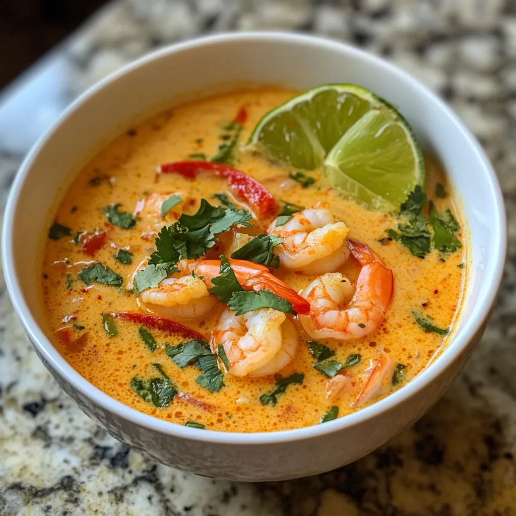 A close-up shot reveals a bowl of creamy, orange-hued shrimp soup.  Several succulent shrimp are visible, nestled amongst chopped cilantro and red bell pepper. A lime wedge rests on top, adding a touch of brightness. The soup, rich and flavorful, is served in a white bowl against a speckled, marble-like surface.  The overall presentation suggests a delicious and aromatic dish.