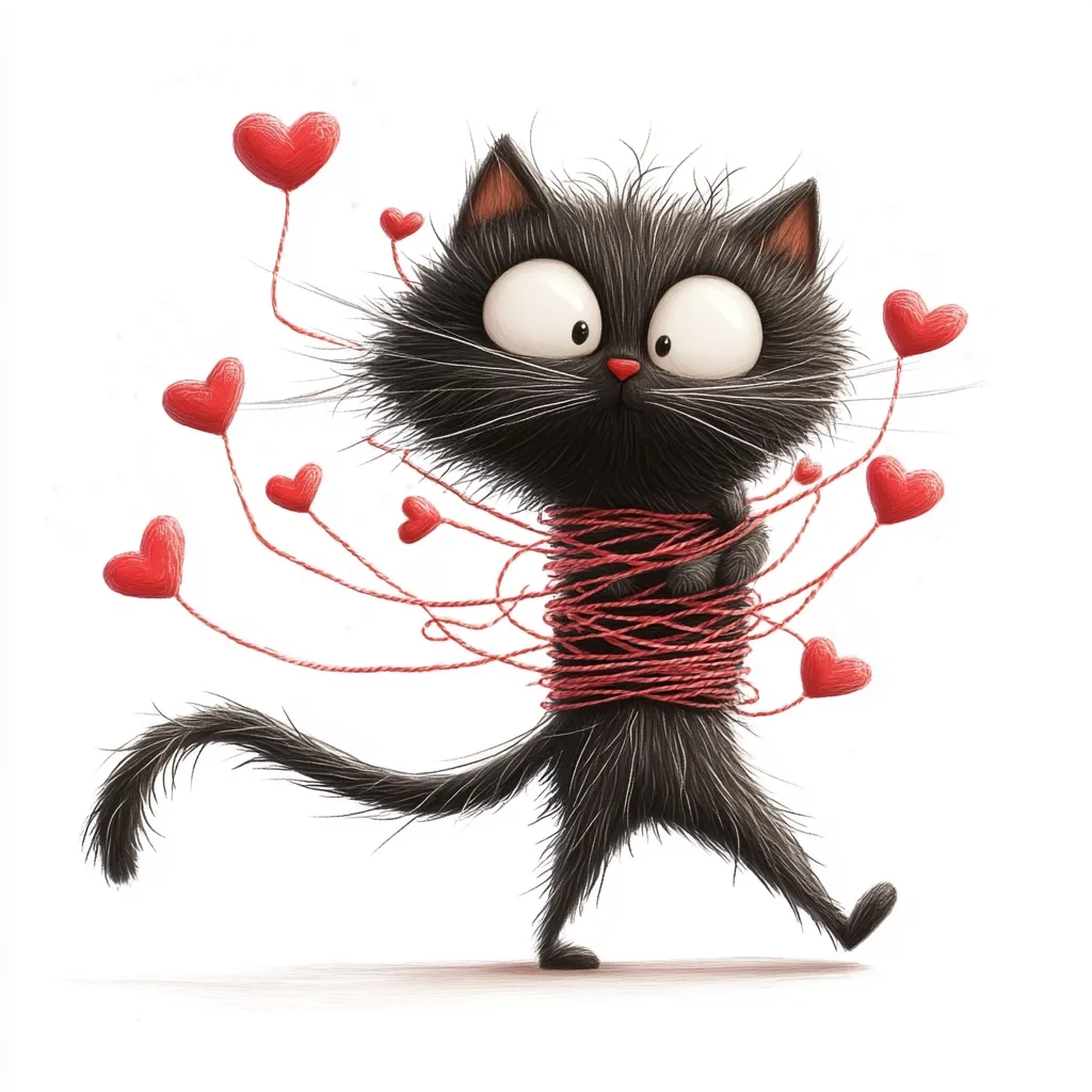Here's a description of the image:

A whimsical illustration depicts a fluffy black cat, seemingly entangled in red yarn adorned with small, red heart-shaped balloons. The cat's expression is comical, with large, wide eyes. It walks with a jaunty gait, its tail extending behind it. The overall style is cartoonish and playful, suggesting a theme of love or Valentine's Day. The background is plain white, highlighting the colorful cat and its heart-shaped attachments.
