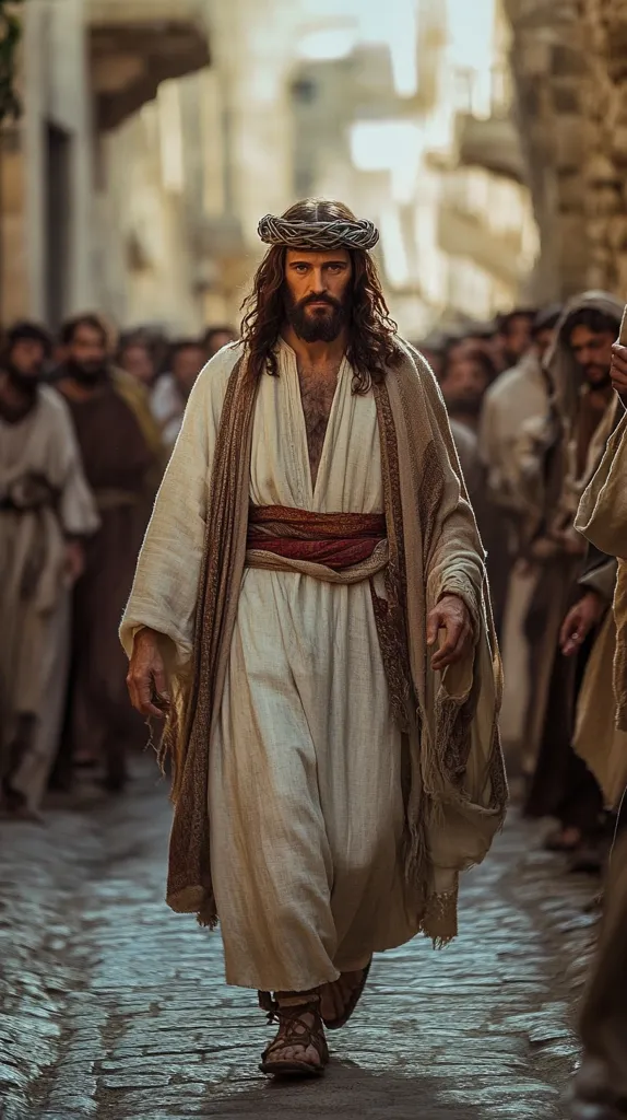 A man, resembling Jesus Christ, walks down a cobblestone street in a historical setting. He wears a beige robe, a reddish-brown sash, and a crown of thorns. His long brown hair and beard are neatly kept.  The background shows a blurred crowd of people in similar attire, suggesting a biblical scene. The image's muted tones and depth of field emphasize the central figure.  The overall atmosphere is serious and contemplative.