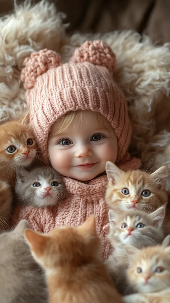 A toddler with blonde hair wears a pink knitted hat with pom-poms.  Surrounded by a pile of fluffy kittens, mostly ginger and grey, the child smiles sweetly.  The kittens are nestled close, creating a heartwarming scene of innocence and affection. The soft, neutral background enhances the overall gentle and charming image.