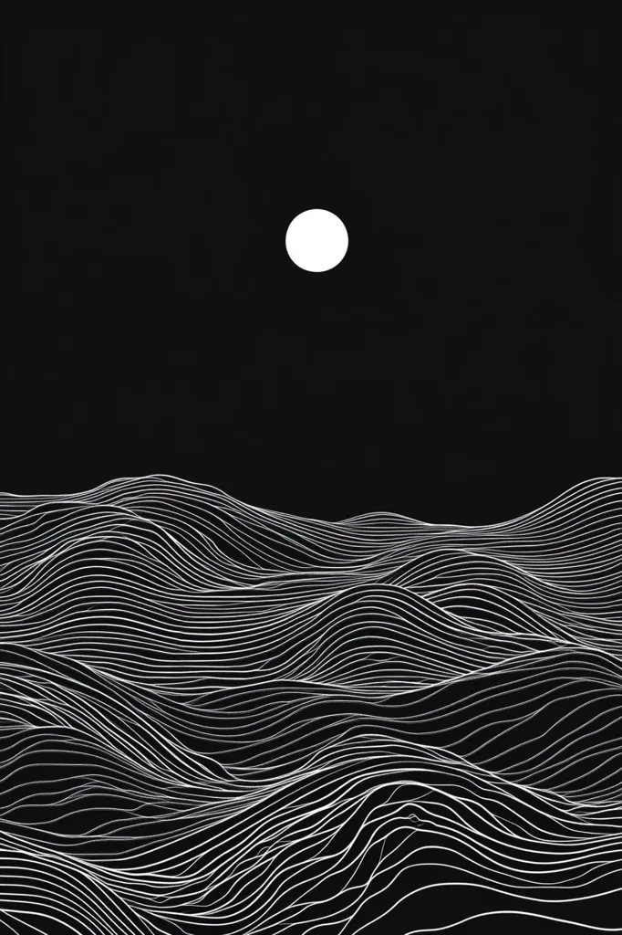 The image is a minimalist depiction of a night scene.  A single, white circle representing the moon hangs in a dark, black sky above a landscape of undulating lines. These lines create a flowing, wave-like effect, suggesting either rolling hills or a calm sea under the moonlight. The stark contrast between the black background and white lines gives the piece a clean, almost abstract feel.  The overall impression is one of serenity and quiet beauty.