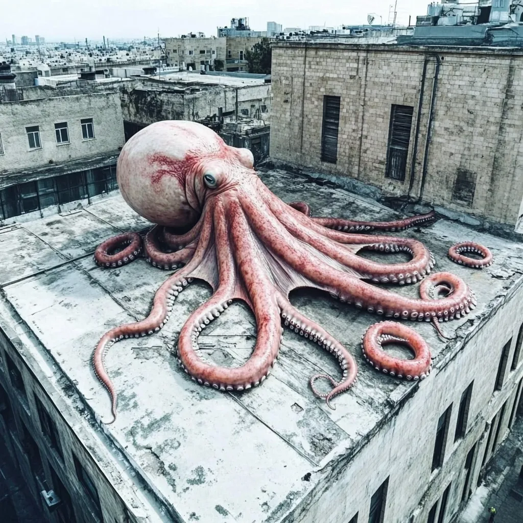 Here's a description of the image:

An enormous, realistic-looking octopus sculpture dominates the rooftop of a weathered, multi-story city building. Its pinkish-red tentacles sprawl across the flat roof, some curling into rings. The building shows signs of age and wear, contrasting with the strangely placed, colossal cephalopod. The city skyline is visible in the background, hinting at an urban setting. The overall effect is surreal and slightly unsettling, blending the natural world with a gritty urban landscape.