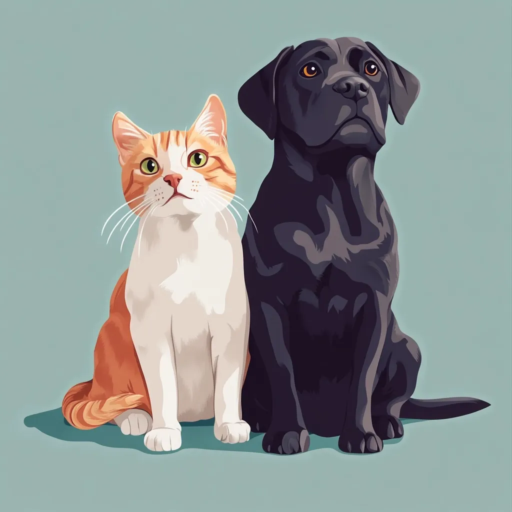 Here's a description of the image:

The illustration showcases a charming pairing of a black Labrador Retriever and an orange and white tabby cat.  Both animals are seated side-by-side, facing forward, against a muted teal backdrop. The cat, with striking green eyes, sits to the left, its orange fur contrasting with its white chest and paws. The dog, to the right, displays a calm demeanor, its dark fur highlighted with subtle shading.  The style is clean and vector-like, with smooth surfaces and a focus on the animals' forms.  The overall impression is one of peaceful companionship.