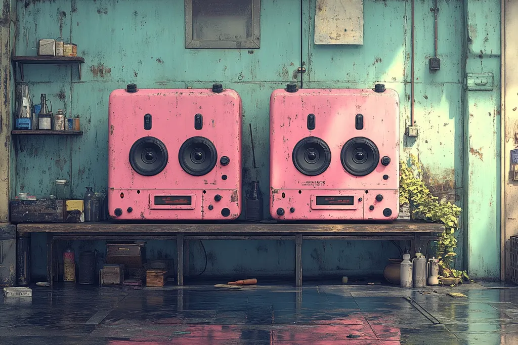 Here's a description of the image:

The image shows a pair of vintage, pastel pink boomboxes sitting side-by-side on a dark wooden shelf against a teal, weathered wall. The boomboxes have a worn, distressed look, adding to their retro charm.  The wall behind them shows signs of age and decay, with peeling paint and various imperfections, creating a gritty, industrial background.  A small plant sprouts beside the boomboxes.  The floor is dark and reflective.  Shelves above the boomboxes hold assorted bottles and containers, further enhancing the scene's vintage and slightly cluttered atmosphere.  The overall mood is nostalgic and slightly melancholic.