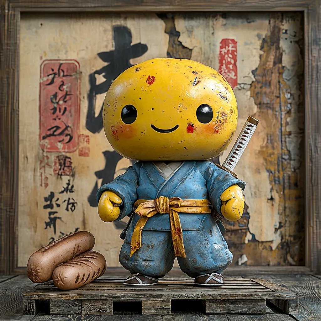 Here's a description of the image:

A charming, stylized figurine, resembling a weathered, yellow bobblehead with a cheerful expression, is the focal point.  Clad in a distressed blue karate gi with a yellow obi, it stands on a rustic wooden pallet.  A miniature katana is sheathed on its back.  The backdrop is a worn, framed piece of paper featuring faded Asian calligraphy.  Two sausages sit at the figurine's feet, adding to the quirky, mixed-media aesthetic.  The overall style is a blend of cute and rugged, with a vintage, possibly Asian-inspired feel.