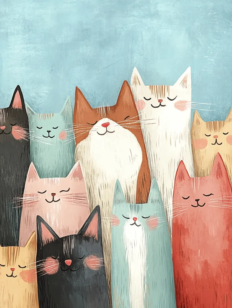 A charming illustration features a group of stylized cats, each with unique pastel-colored fur. Their expressions are serene and peaceful, their eyes closed in contentment. The cats are arranged closely together, creating a sense of camaraderie. The background is a soft, light blue, enhancing the overall gentle and whimsical mood of the artwork. The style is reminiscent of children's book illustrations or greeting cards.