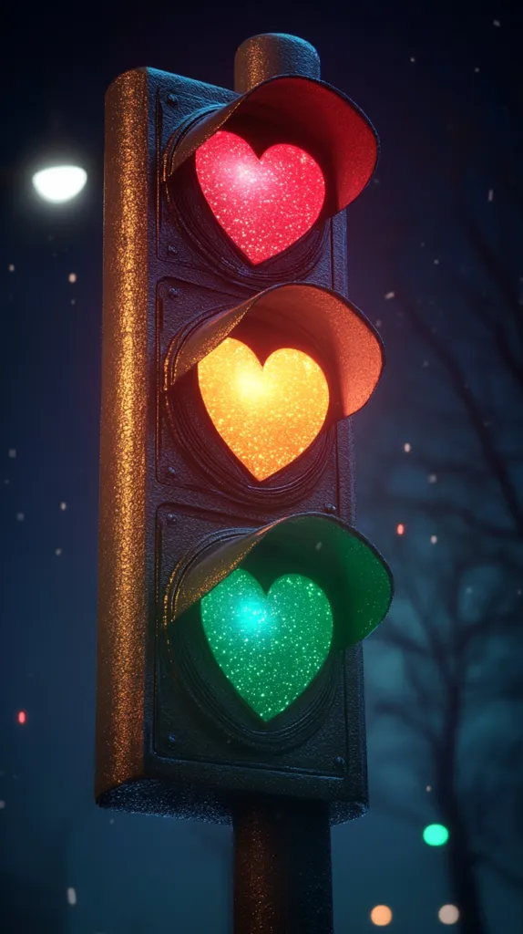 Here's a description of the image:

A nighttime scene features a unique traffic light with heart-shaped lenses.  The top light is red, the middle amber, and the bottom green, each glowing with a sparkly, glittering effect.  The traffic light is wet, suggesting rain or snow, and stands against a blurry background of dark trees and distant city lights under a slightly visible moon. The overall mood is romantic and whimsical, using the familiar traffic signal in an unusual, expressive way.
