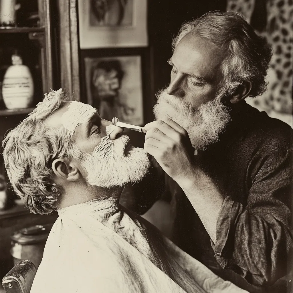 A sepia-toned photograph captures a man with a long white beard meticulously applying a white substance to the face and beard of another older man.  The setting appears to be a studio or workshop, with artwork visible on the wall in the background. The artist's focused expression and the careful application of the material suggest a process of sculpting or creating a mask-like effect. The older man receiving the treatment is draped in a barber's cloth. The overall mood is one of quiet concentration and artistic endeavor.