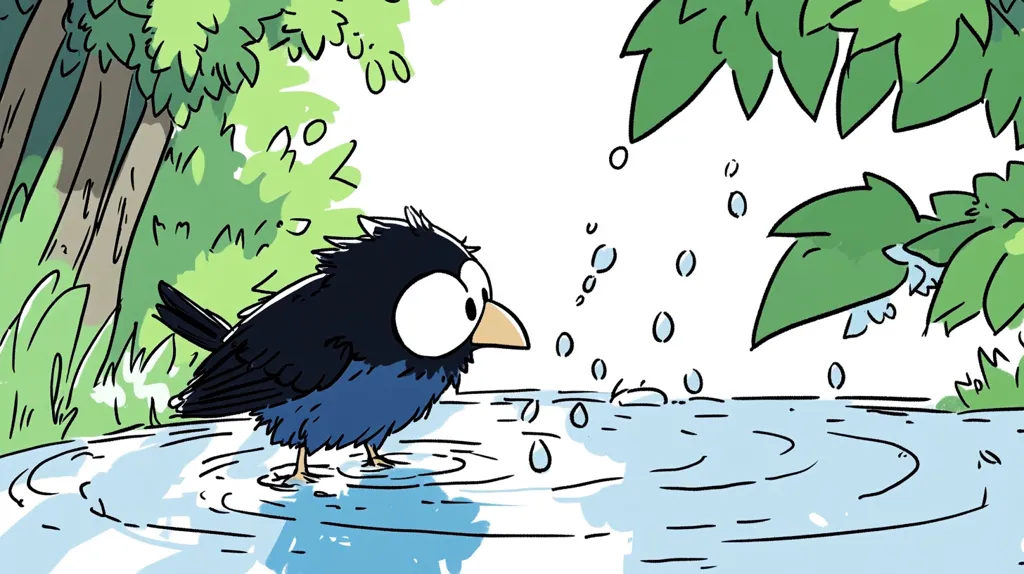 Here's a description of the image:

A cartoon bird, predominantly dark blue and black, with large, expressive eyes, stands in a calm pool of water.  Ripples spread from its feet. Raindrops fall from overhanging green leaves, adding to the peaceful scene. The background features lush green foliage and tree trunks, suggesting a tranquil forest setting. The art style is simple and whimsical, with bold outlines and soft watercolors. The overall mood is serene and charming.