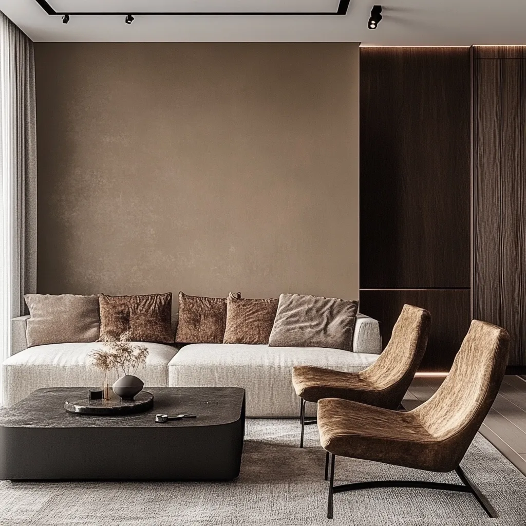 A modern living room features a minimalist aesthetic.  A low, off-white sectional sofa, adorned with brown textured throw pillows, sits against a muted taupe wall.  Two sleek, brown velvet armchairs flank a low, dark rectangular coffee table, which holds a small vase with dried flowers.  A dark wood accent wall and recessed lighting complete the sophisticated ambiance. The overall mood is calm and luxurious.