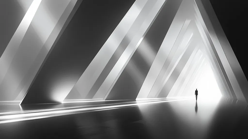 Here's a description of the image:

The image is a monochrome, almost minimalist depiction of a person walking towards a bright light at the end of a long, triangular corridor.  The corridor's walls are composed of sharp, angled, light-colored planes creating a strong sense of depth and perspective.  Sunlight streams through the gaps between these planes, casting dramatic light and shadow. The lone figure is small in scale, emphasizing the vastness of the architectural space.  The overall mood is one of contemplation and journey, with a sense of both hope and isolation. The reflective floor mirrors the structure and the walking figure.