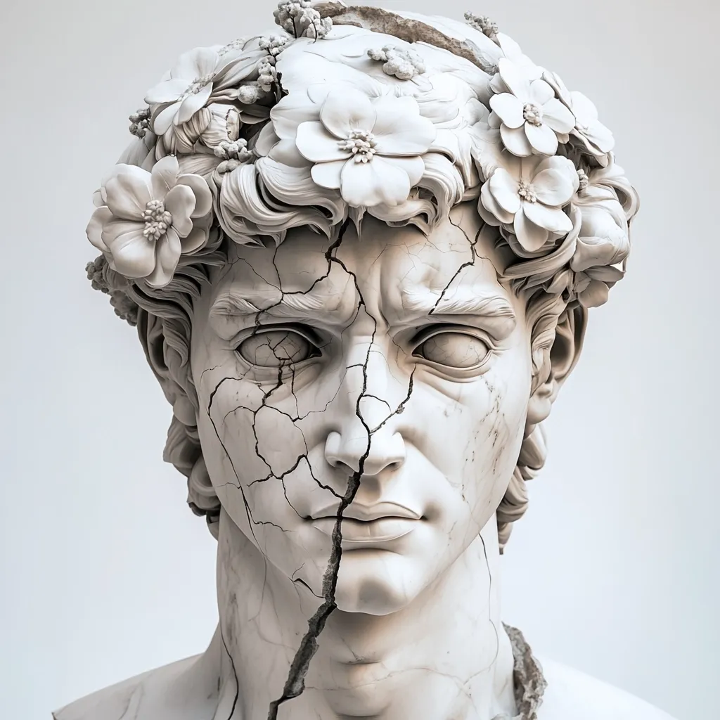 The image shows a bust sculpture, seemingly inspired by classical forms, possibly a reimagining of David.  The marble is depicted as heavily cracked, with fissures running across the face and neck.  The head is adorned with a wreath of intricately carved flowers.  The expression is serious, almost sorrowful, adding to the overall sense of fragility and decay contrasted with the delicate beauty of the floral crown. The monochromatic palette enhances the image's somber, timeless quality.