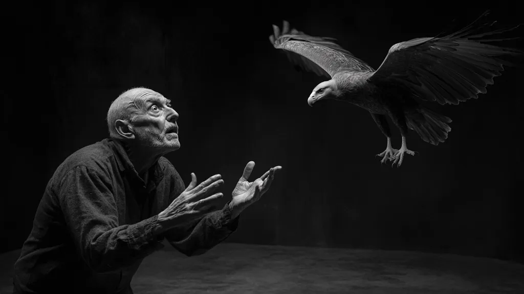 A black and white image depicts an elderly man with his arms outstretched, gazing upwards in awe or supplication.  A large bird of prey, possibly an eagle or vulture, is captured mid-flight above him, its wings spread wide.  The dark background emphasizes the contrast between the man and the bird, creating a dramatic and somewhat mysterious atmosphere. The scene suggests a connection between the man and the powerful avian creature.