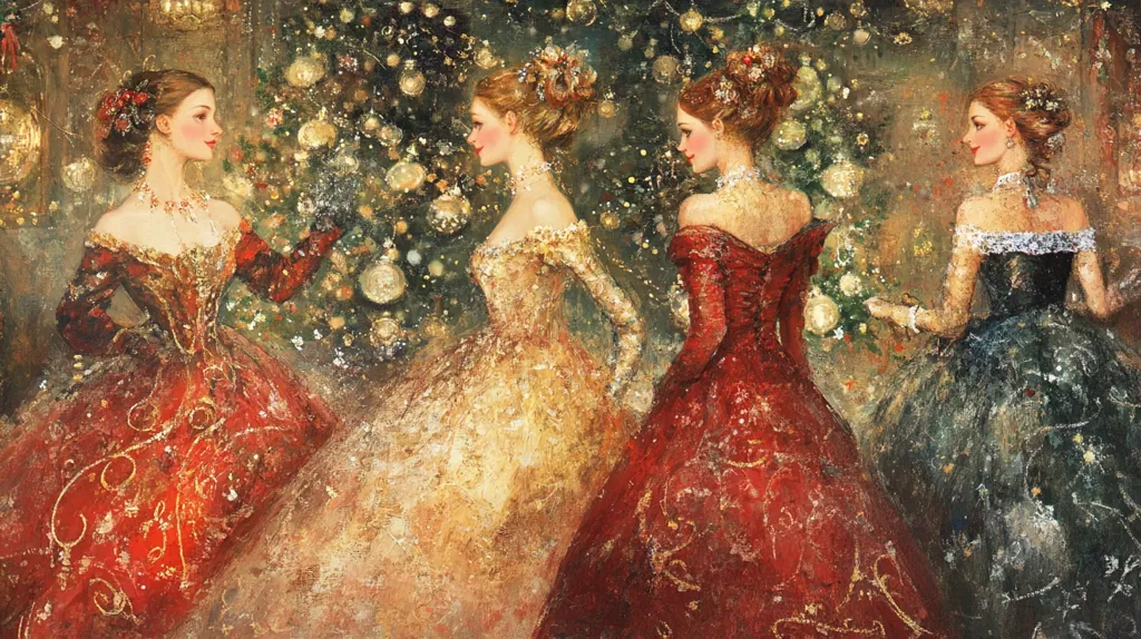 The painting depicts four elegantly dressed women standing near a Christmas tree adorned with glittering ornaments.  Their gowns are opulent; rich reds and golds dominate, with one woman in a dark, jewel-toned dress. The style is reminiscent of 19th-century ballgowns, with intricate detailing and full skirts. The overall mood is festive and romantic, with a slightly impressionistic painting style giving a soft, dreamlike quality. The women seem to be engaged in conversation or admiring the tree, creating a scene of elegant Christmas merriment.