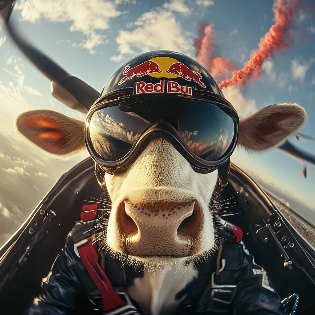 Here's a description of the image:

Close-up view of a cow wearing a black Red Bull-branded helmet and goggles, seemingly strapped into the cockpit of a small aircraft.  Red smoke trails are visible in the sky outside. The cow's face fills most of the frame, showcasing its expressive eyes and wet nose.  The overall impression is humorous and unexpected, a playful juxtaposition of a farm animal and extreme sports. The image is sharply focused, with vibrant colors and a dramatic sky backdrop.