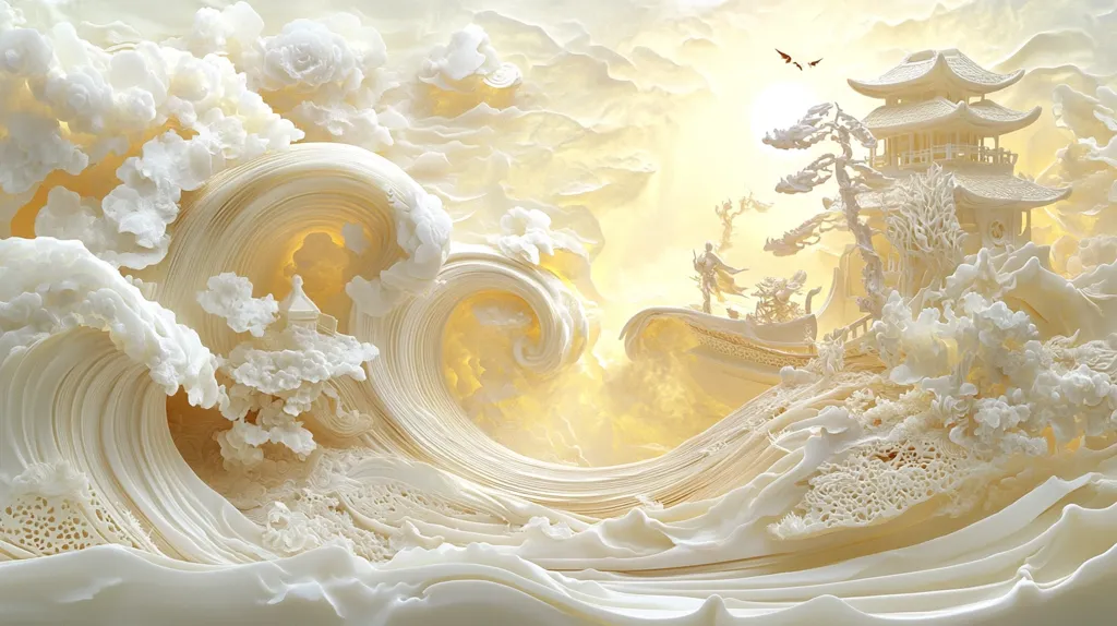 The image is a breathtaking ivory carving depicting a serene coastal scene.  Intricate waves, rendered with remarkable detail, crash gently onto a shore where a traditional East Asian pagoda stands.  Small figures are visible near the structure, adding a sense of scale and narrative. The overall color palette is warm, creamy ivory, enhanced by subtle lighting that emphasizes the texture and depth of the carving, giving the piece a dreamlike quality.  The craftsmanship is exceptional, showcasing incredible skill and artistry.