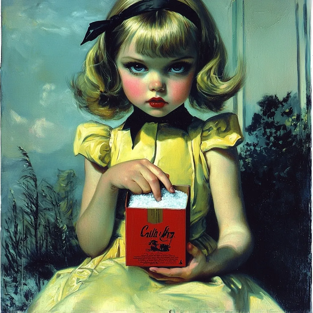 Here is a description of the image:

A young girl with blonde, bobbed hair and a black headband sits outdoors, holding a red box filled with white, granular material.  She wears a pale yellow dress with puffed sleeves. Her expression is serious, almost somber, her gaze directed slightly downward. The painting style is realistic, with rich colors and attention to detail in her features and the texture of her clothing. The background features muted greens and blues, suggesting a garden setting with foliage and a cloudy sky. The overall mood is evocative and slightly melancholic.