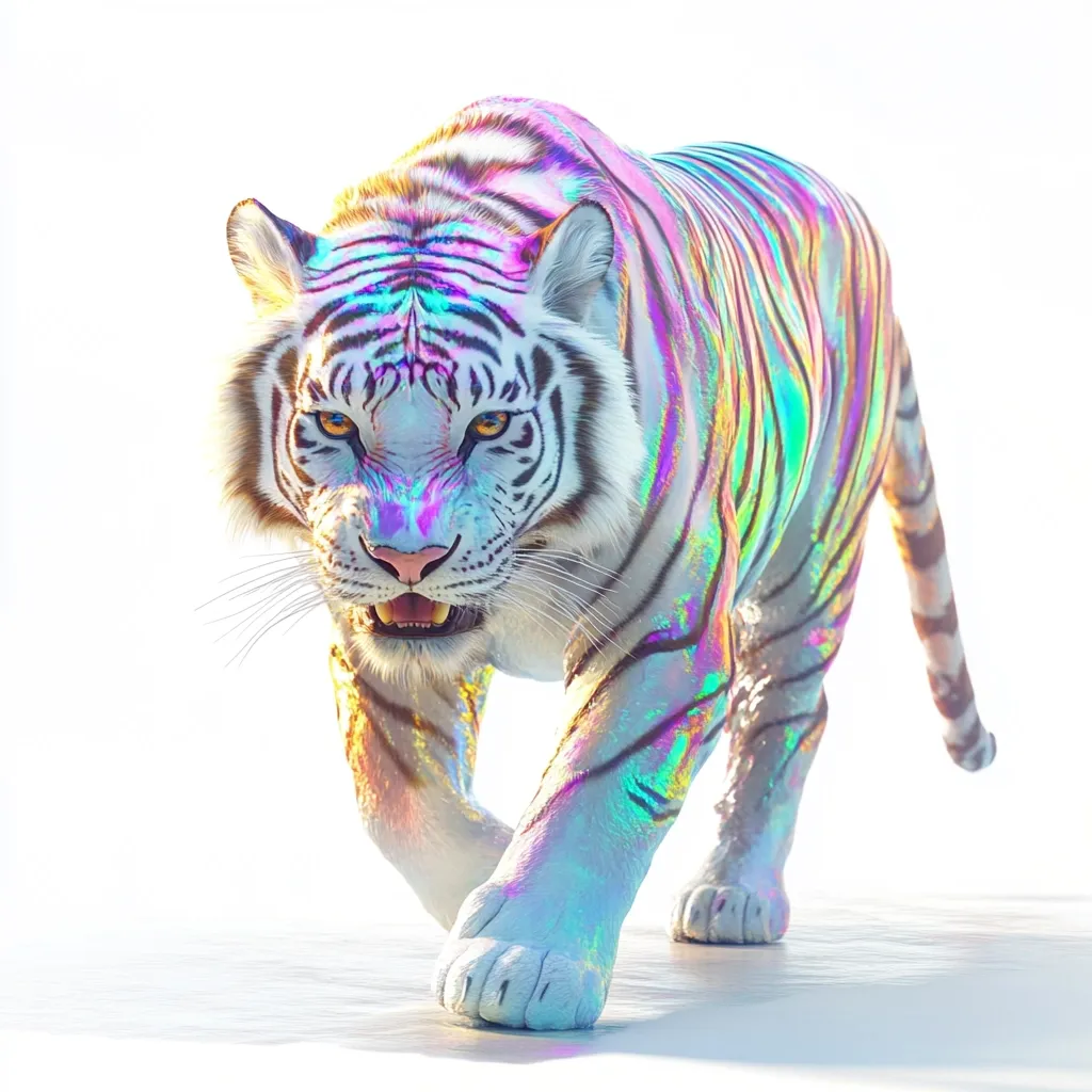 A vibrant, iridescent white tiger strides forward, its coat shimmering with an array of rainbow hues.  The tiger's fur displays a captivating play of light, creating a striking contrast against the bright white background.  Its expression is intense, eyes narrowed, conveying power and alertness as it approaches the viewer. The image is digitally created, showcasing a fantastical and surreal depiction of the majestic creature.