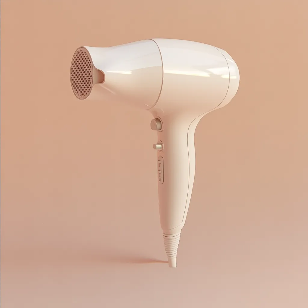 A sleek, off-white hairdryer stands against a pale peach background.  Its design is modern and minimalist, with a smooth, curved body and a perforated nozzle.  Two small, subtly colored buttons are visible on the handle, suggesting simple controls. The hairdryer's slender form and light color create a clean, elegant aesthetic.  The overall image evokes a feeling of calm and simplicity.